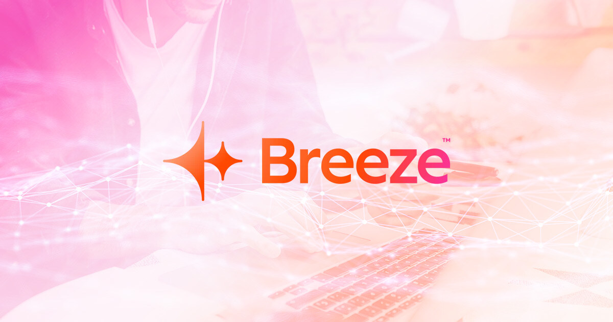 logo for HubSpot's Breeze AI laid over an image of a man on his laptop computer