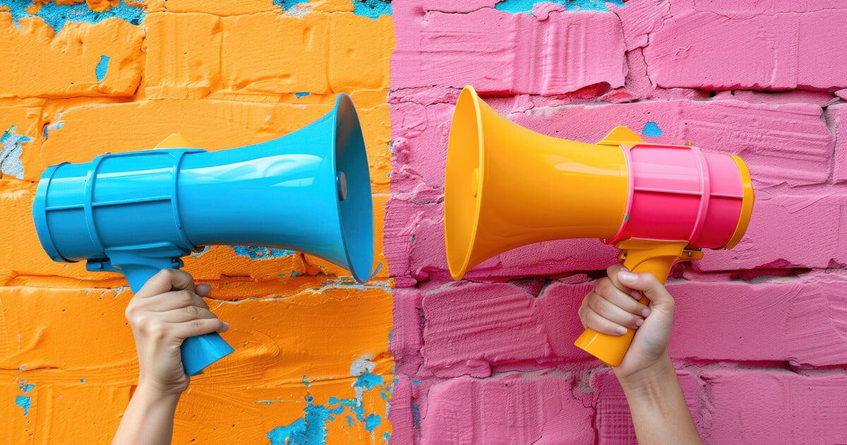 two megaphones facing each other in bright colors